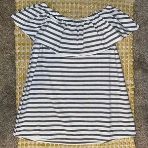 Blue and White Striped Off the Shoulder Dress!